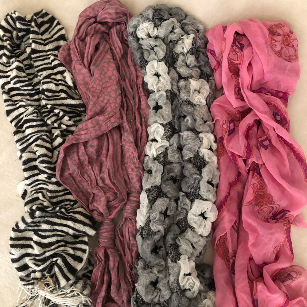 Lot of 4 Scarfs, Zebra, Leopard, Flower Print, Pink, Black and White